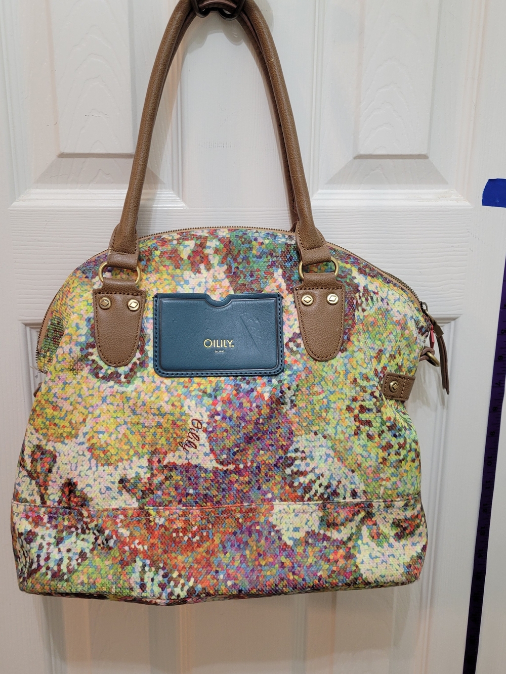 Oilily Multicolor Mosaic Canvas Tote with Tan Handles and Blue Accent